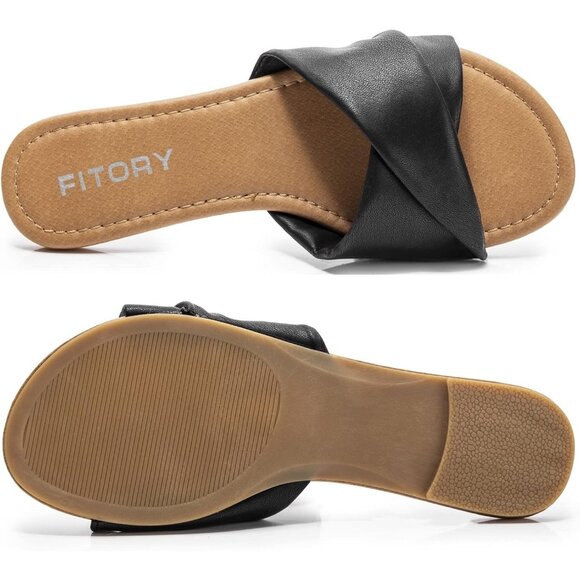 FITORY Women's Dark Synthesis Summer Soft Leather Cushioned Insole Flat Slides - Picture 3 of 5